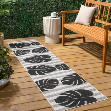 Allison Classic Beach Stripe And Monstera Leaf Indoor/Outdoor Area Rug